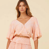 Top - Surf Gypsy Jungle Palm Print Cinched Tie Front Top