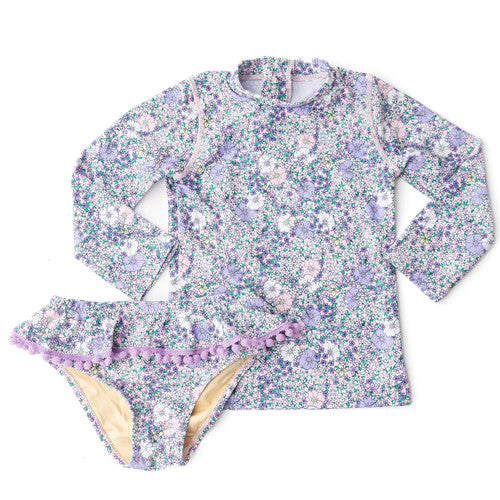 Girls Bathing Suit - Shade Critters Flower Power Purple Girls Rashguard Swimsuit Set 2t - 6